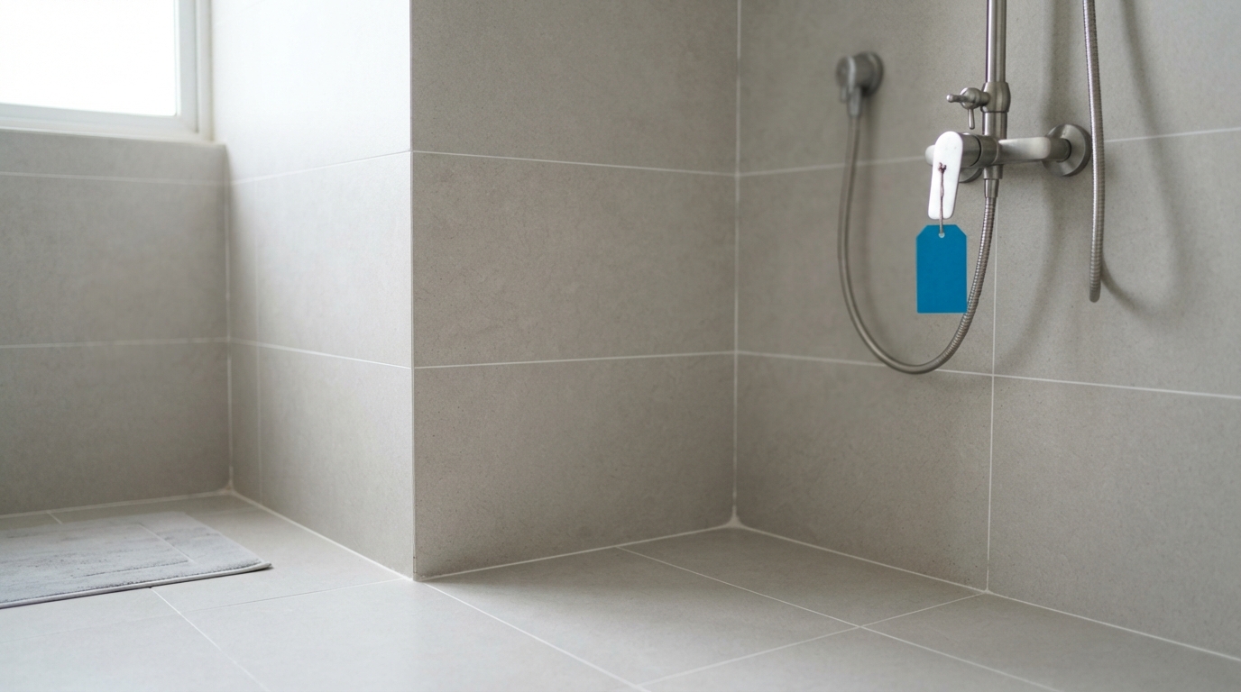 Clean bathroom interior with neutral tiles and a blue maintenance tag