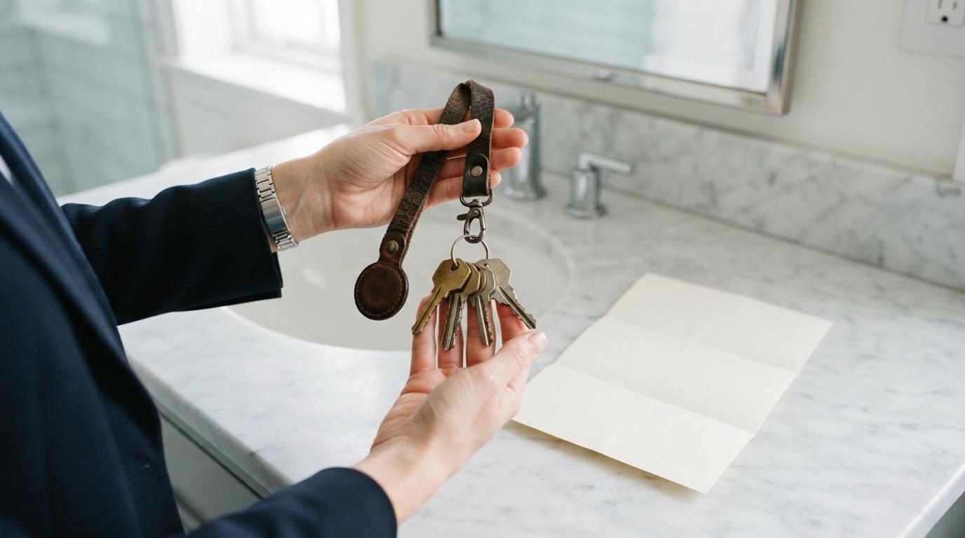 Professional hands holding keys and a document inside a bathroom