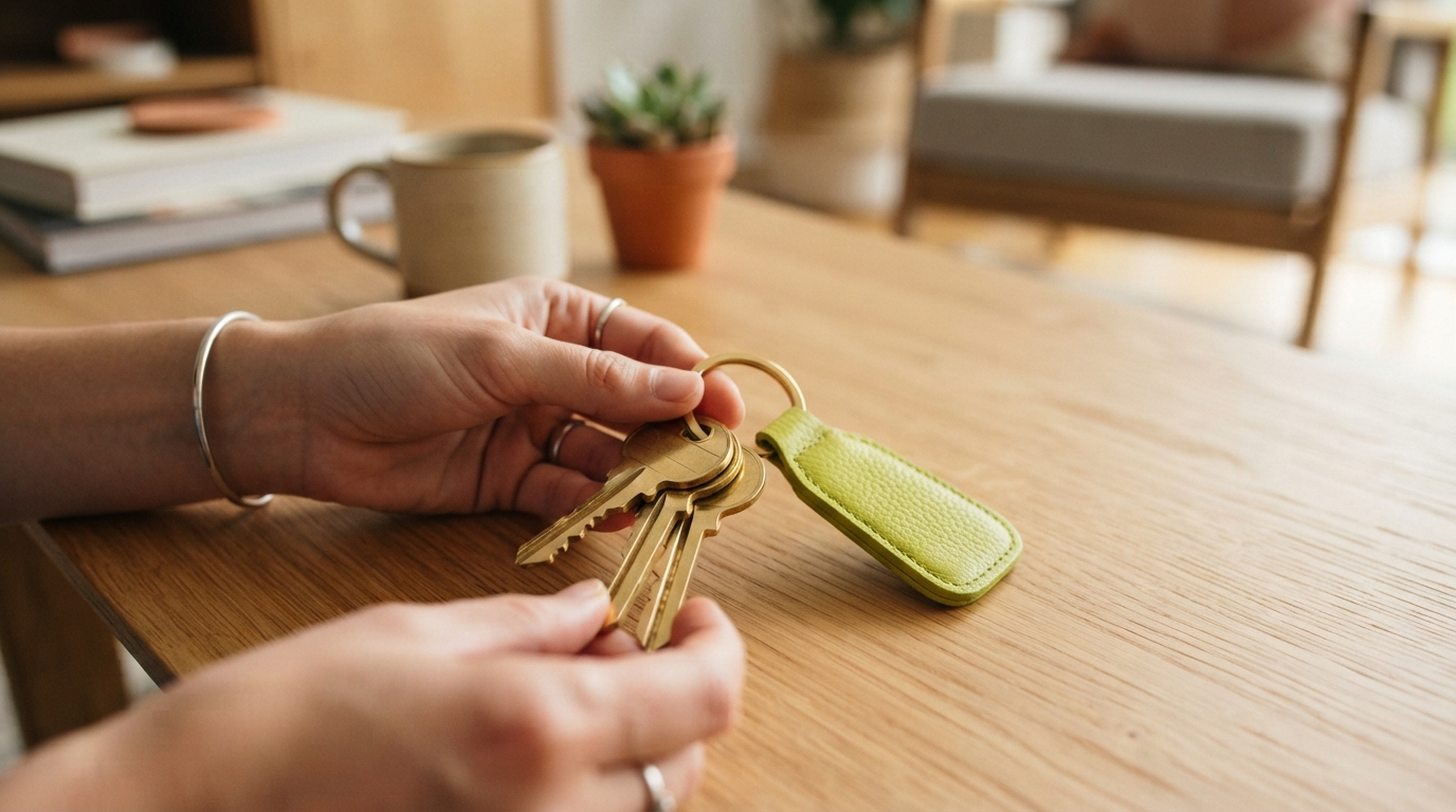 Close up of apartment keys on a table representing property access