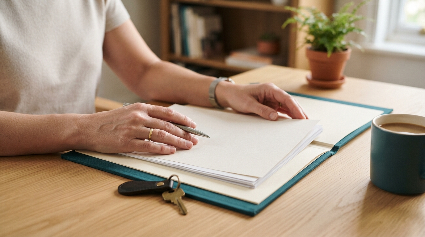 Hands organizing property keys and documents
