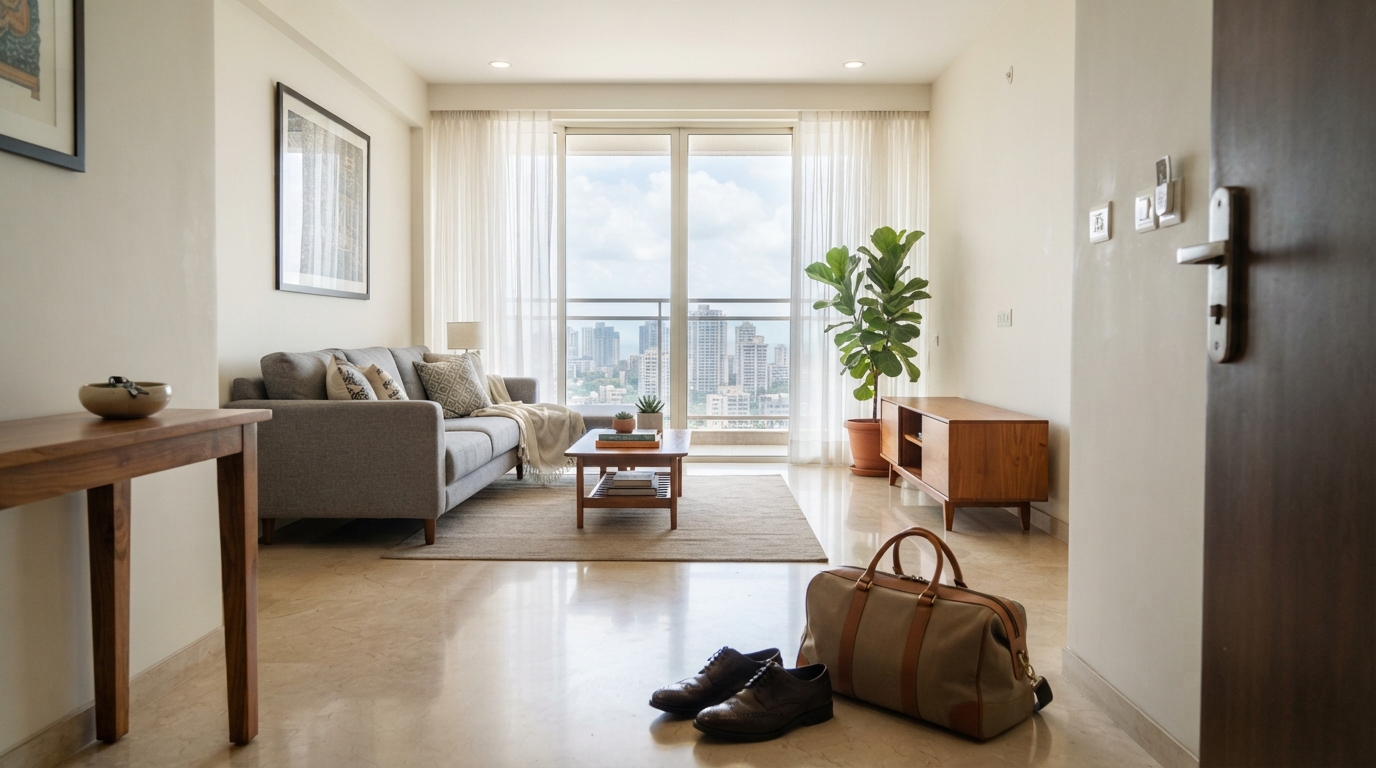 A bright and orderly apartment interior in Mumbai during a property inspection