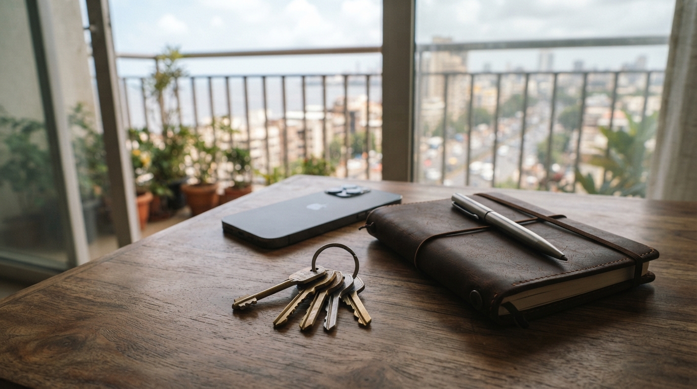 Essential items for property management including keys and a notebook on a desk
