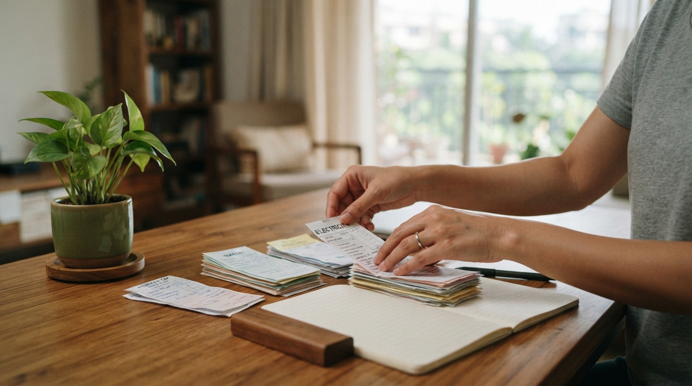 Landlord organizing physical rental property receipts on a desk