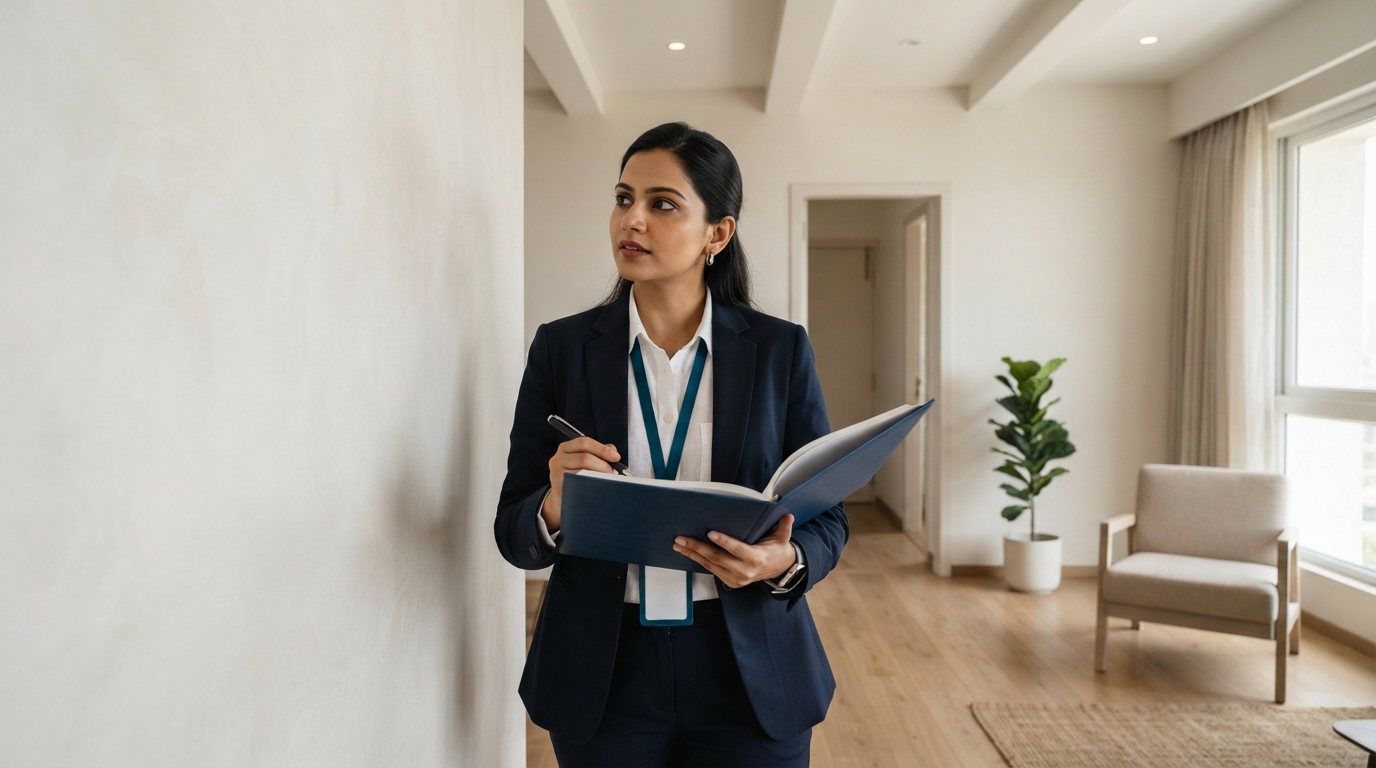 Professional property manager with a folder in a Mumbai apartment