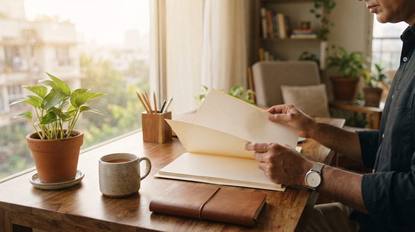 A landlord reviewing physical property documents at a desk