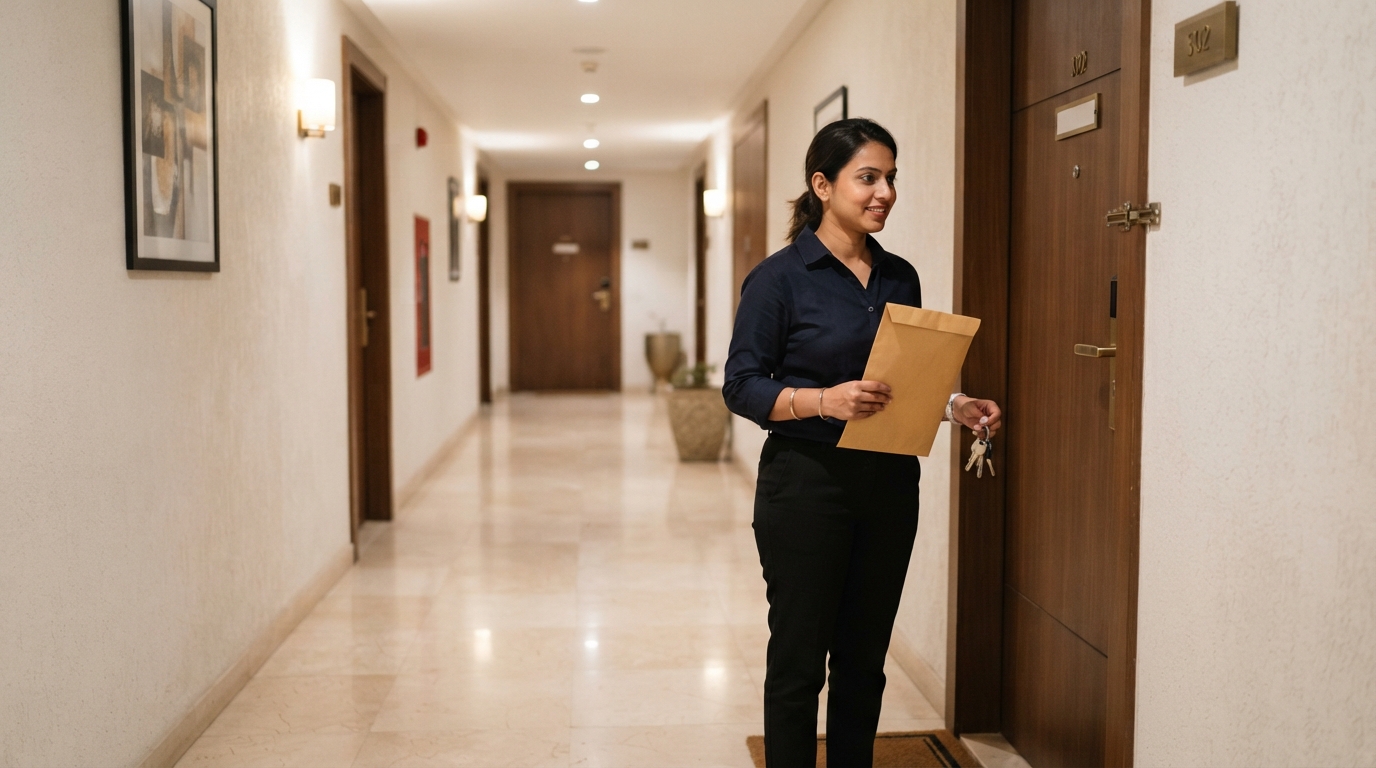 A property owner standing at their apartment door in Mumbai