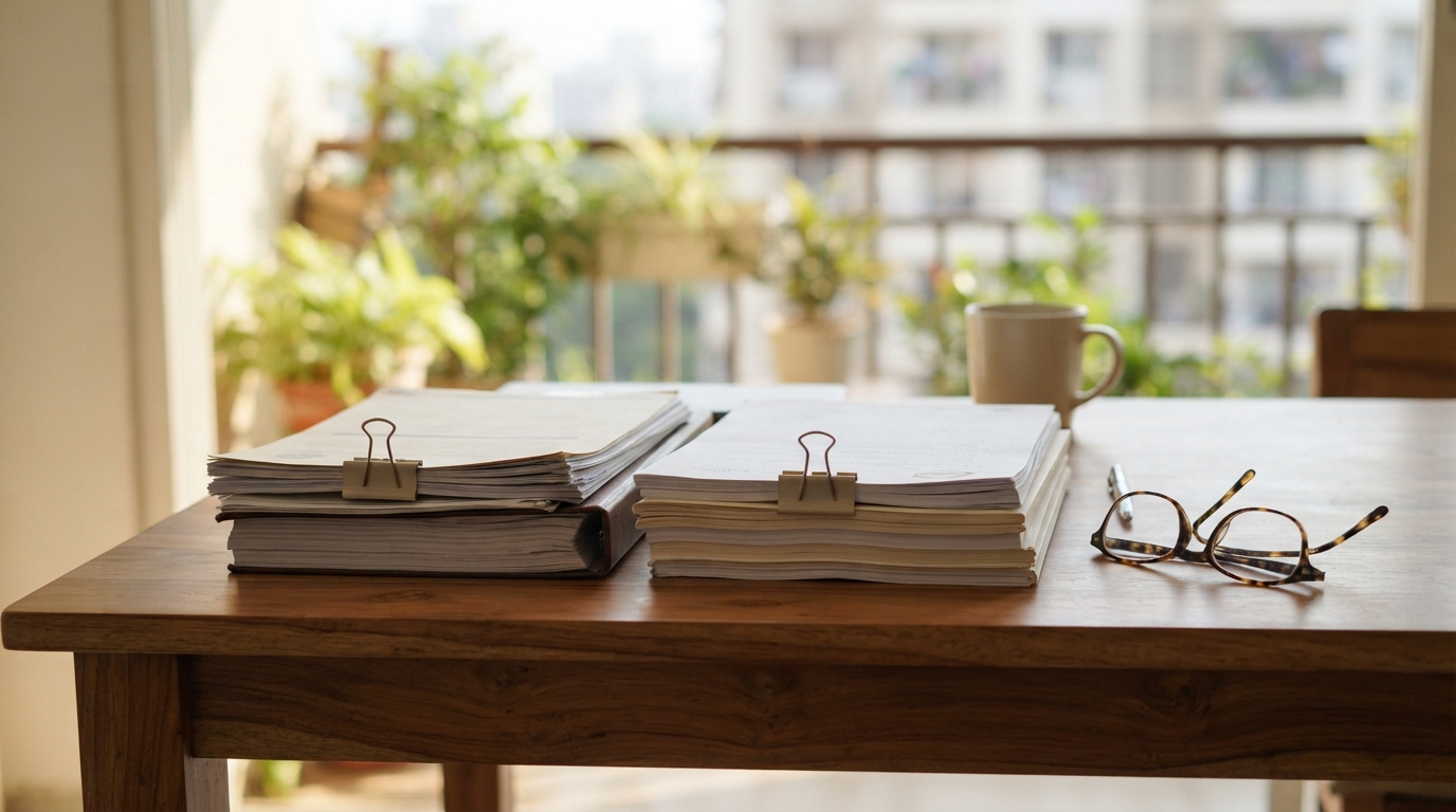 Professional repair documentation stacked on a desk for review