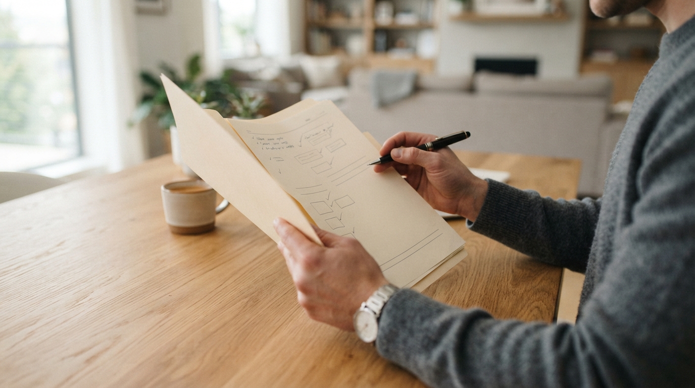 Owner carefully reviewing repair documentation at home