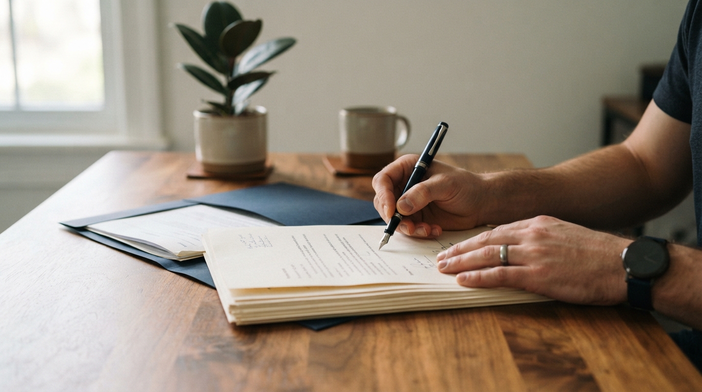 Hands reviewing physical property management documents on a desk