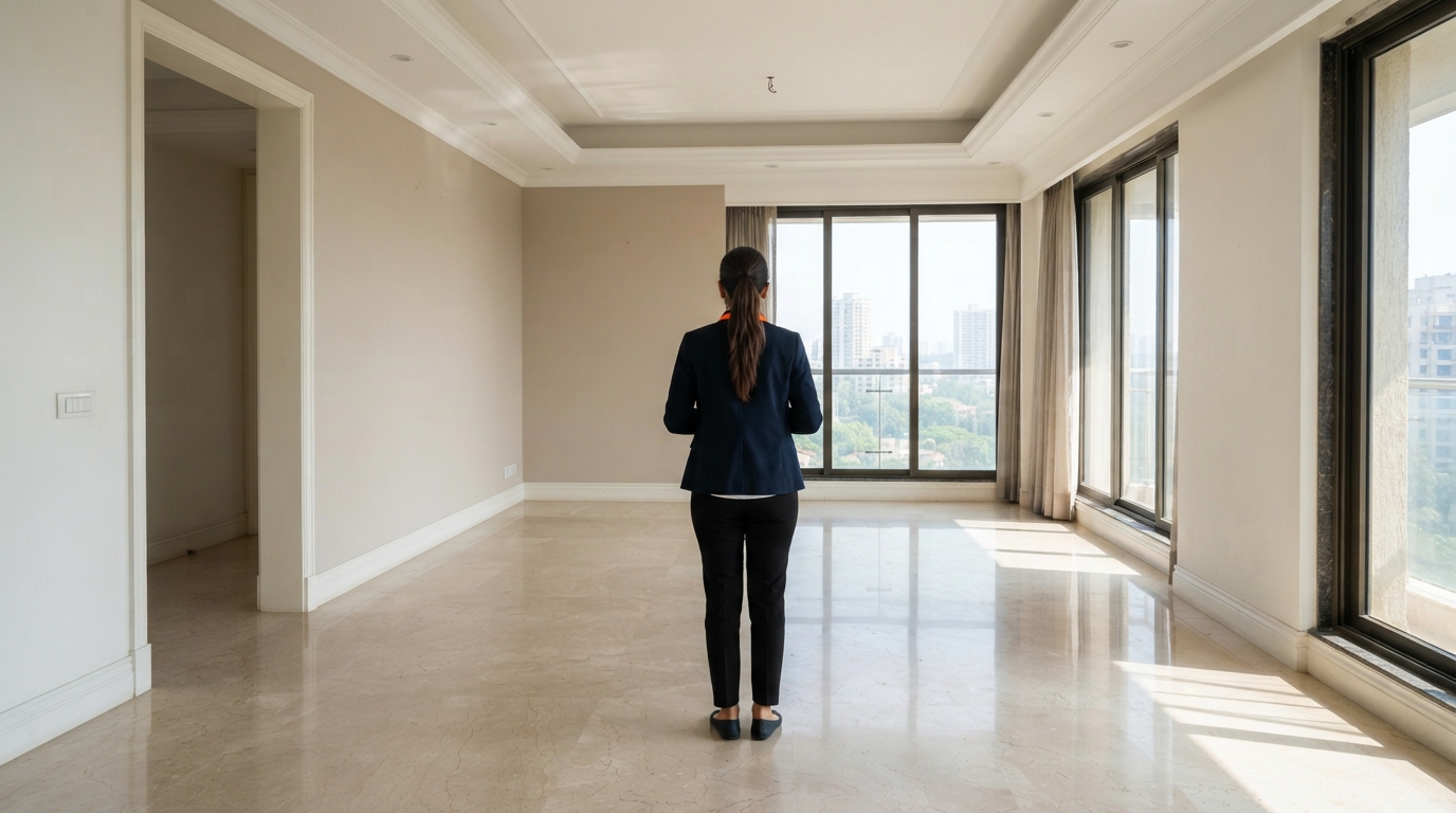 Professional property coordinator inspecting a vacant Mumbai apartment