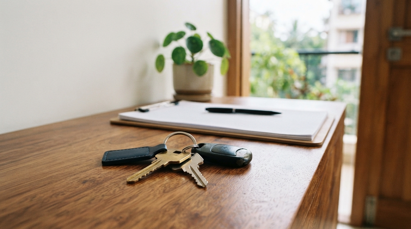 Handover keys and inspection documents in a clean vacant property