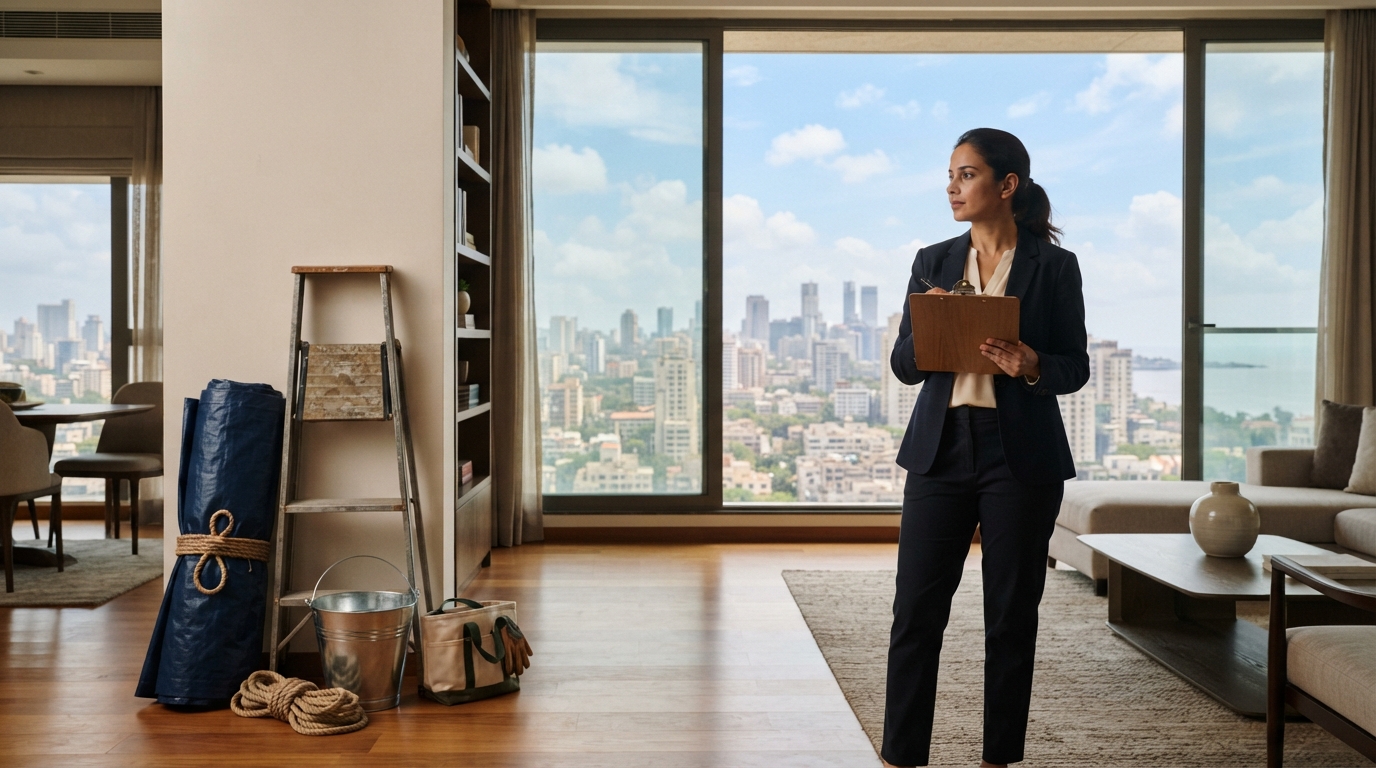 Professional property manager inspecting a Mumbai apartment before the monsoon