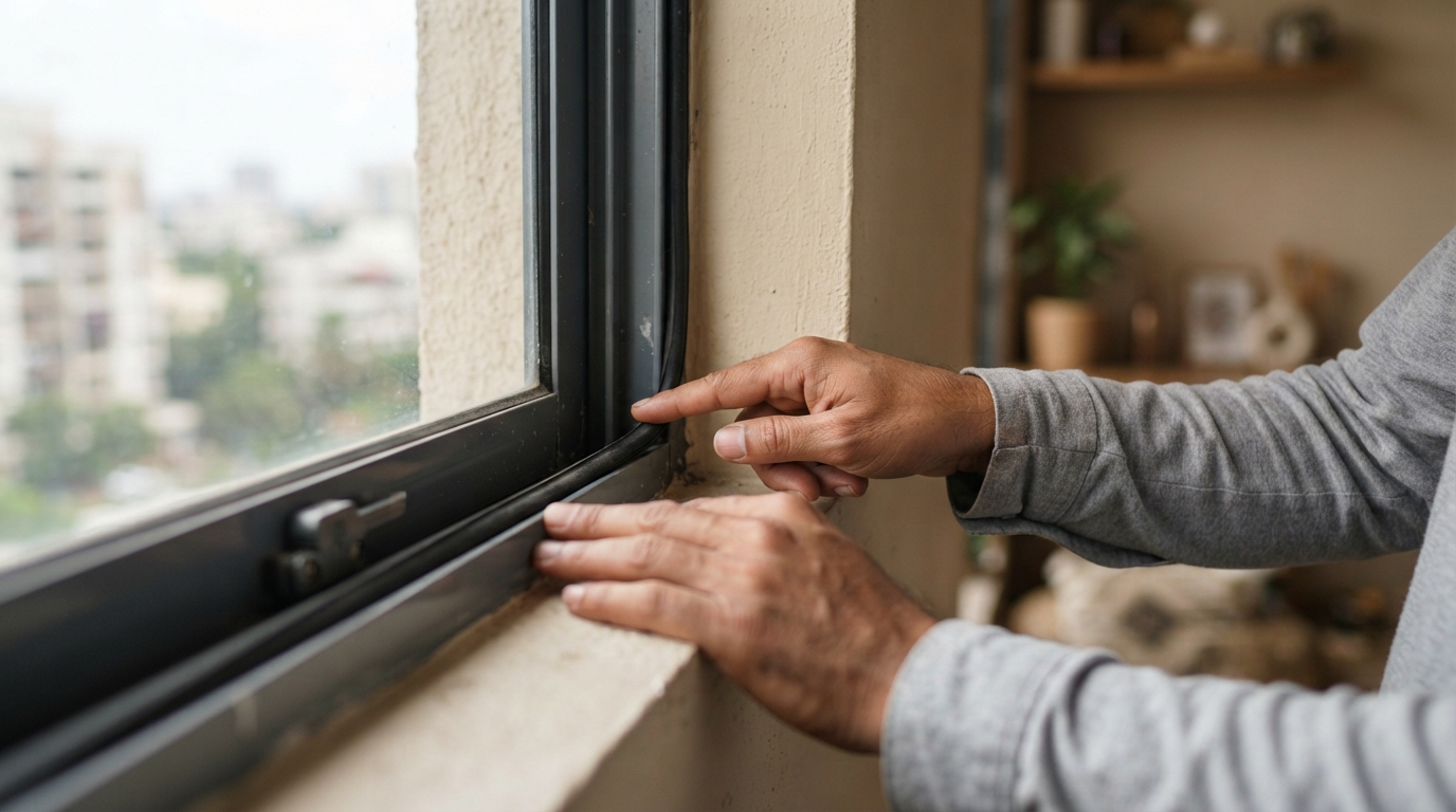 Close up hands checking window seals in a Mumbai flat for monsoon proofing