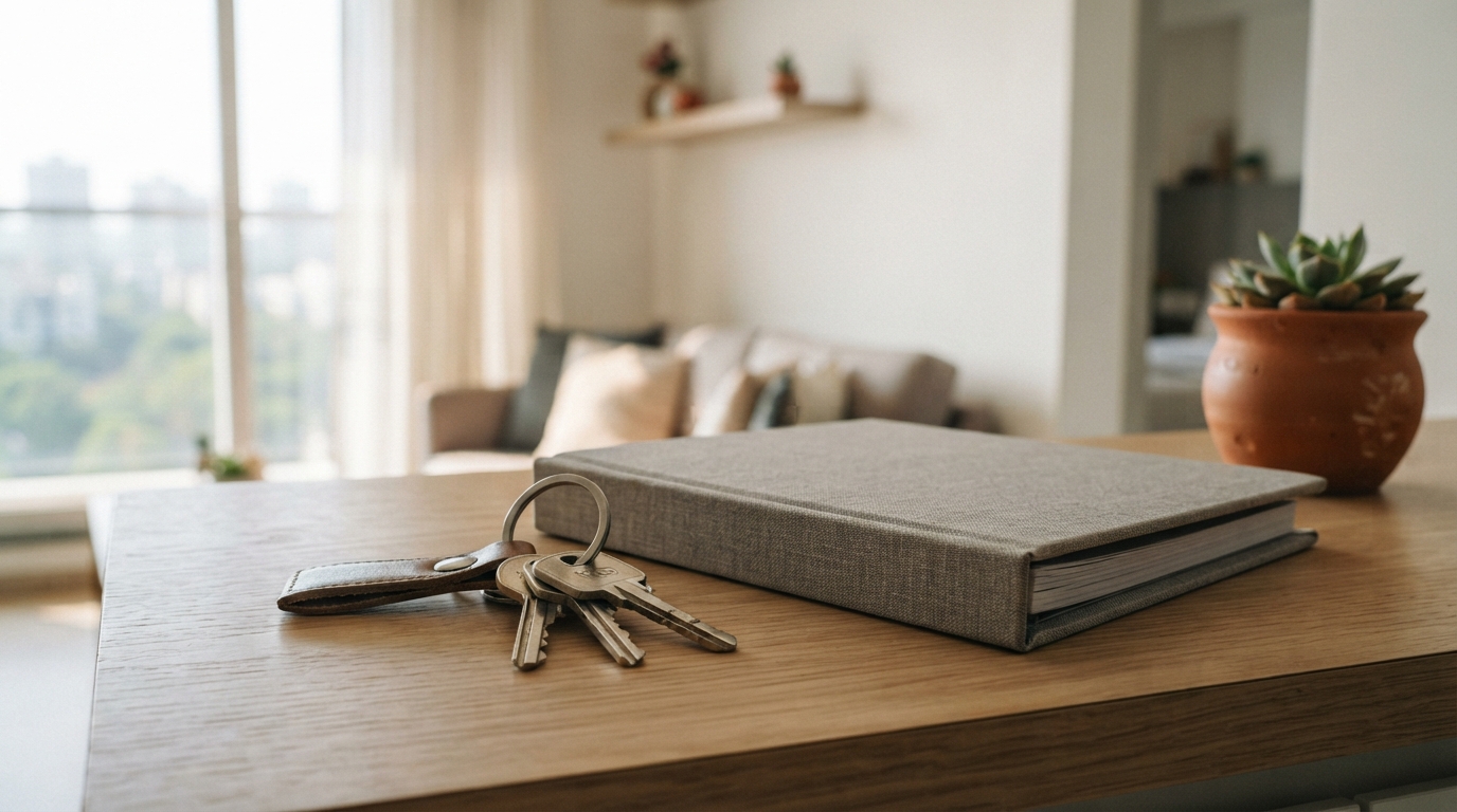 House keys and a property folder on a wooden table