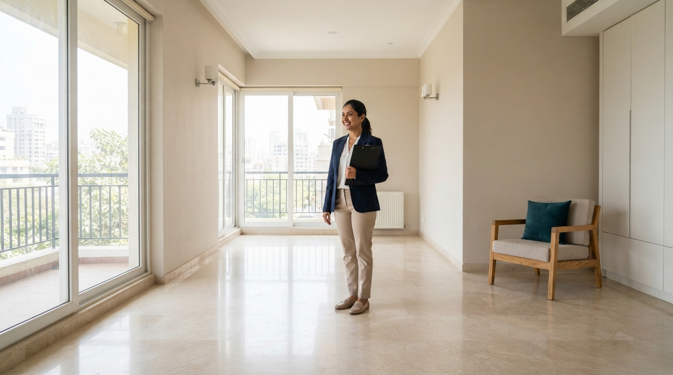 Professional property manager in a vacant Mumbai rental apartment