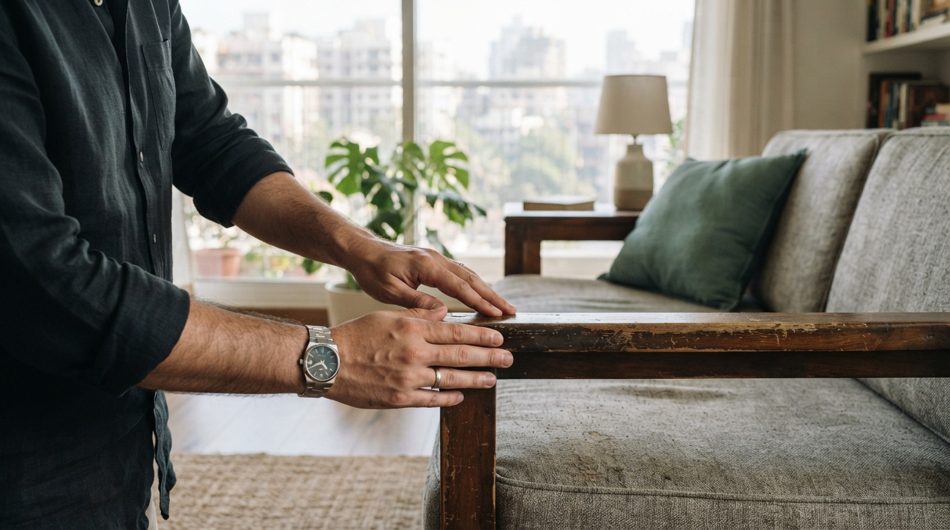 Hands inspecting the worn arm of a living room sofa