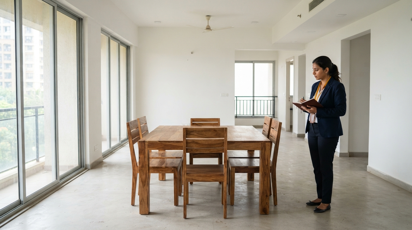Property manager inspecting furniture in a bright Mumbai apartment