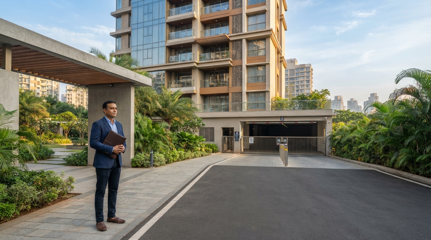 Property manager standing at a Mumbai residential building entrance