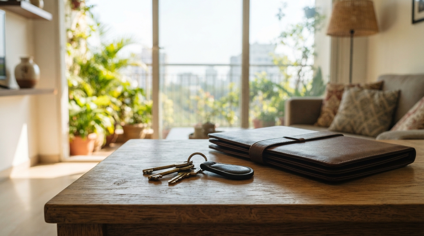 Keys and a document folder on a table in a Mumbai apartment