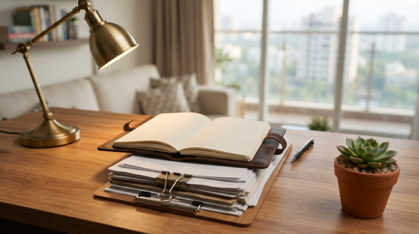 Open notebook and documents on a clean office desk for property management