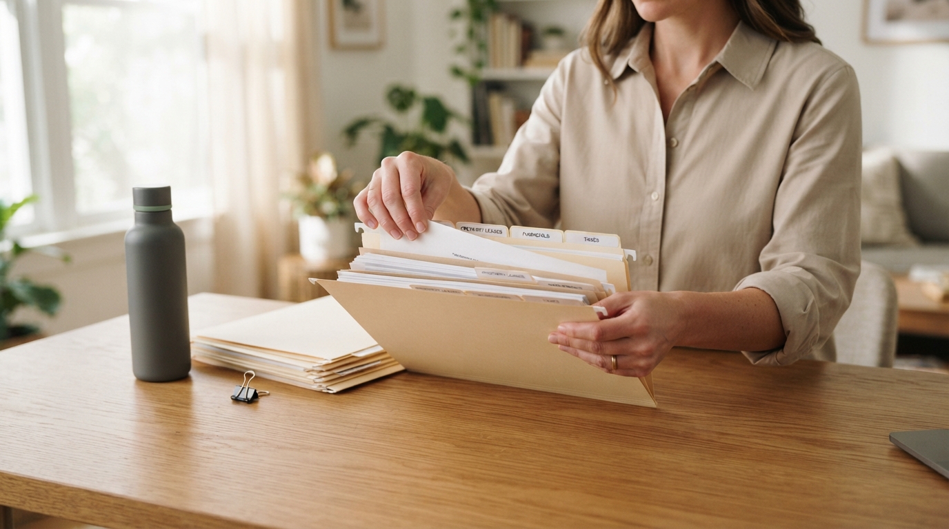 Organized property management folders being held by a person in a bright office