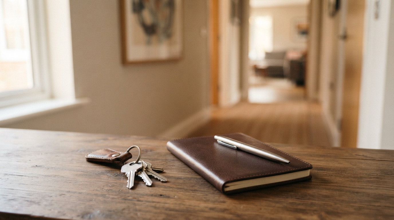 Keys and a notebook on a table representing property viewing preparation