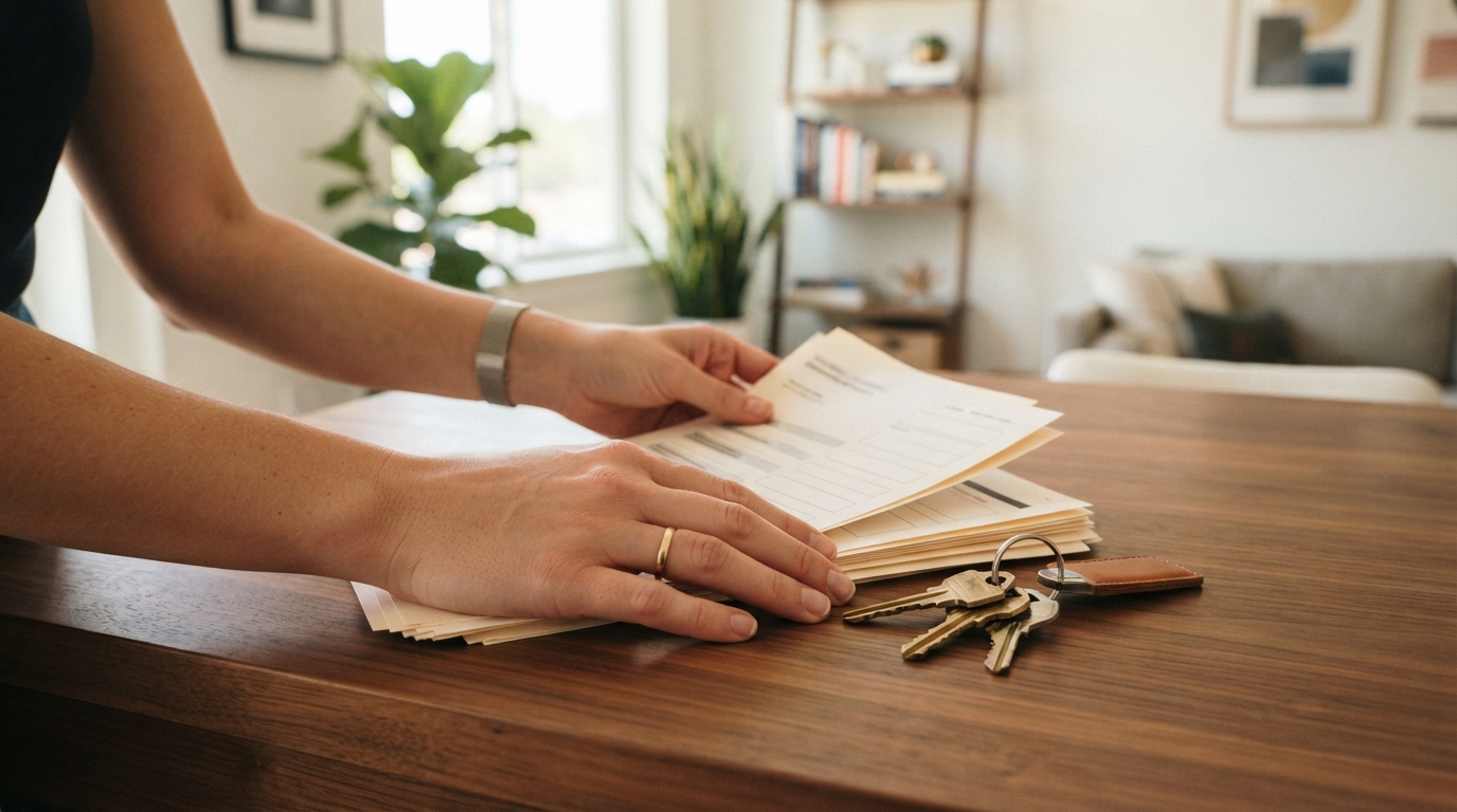 Hands organizing move in paperwork and apartment keys on a desk