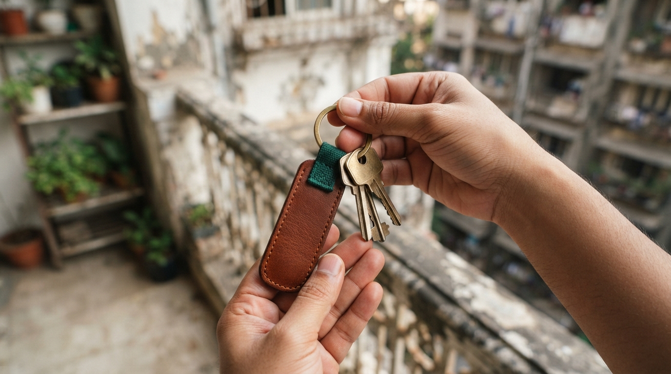 Hands holding keys to an apartment for property management