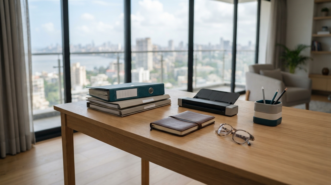 Clean desk with organized property folders and a scanner