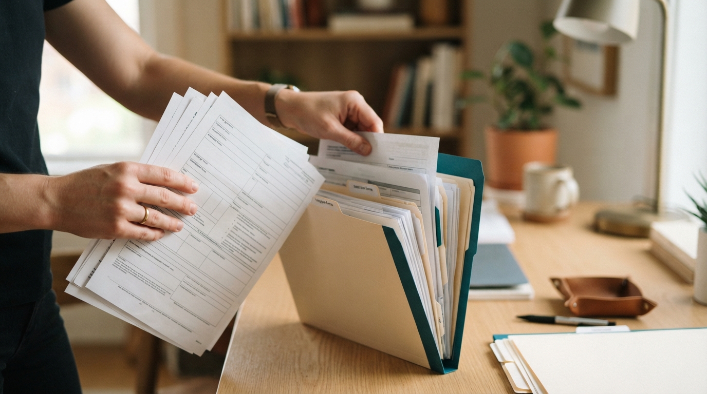Hands carefully organizing property documents into a folder