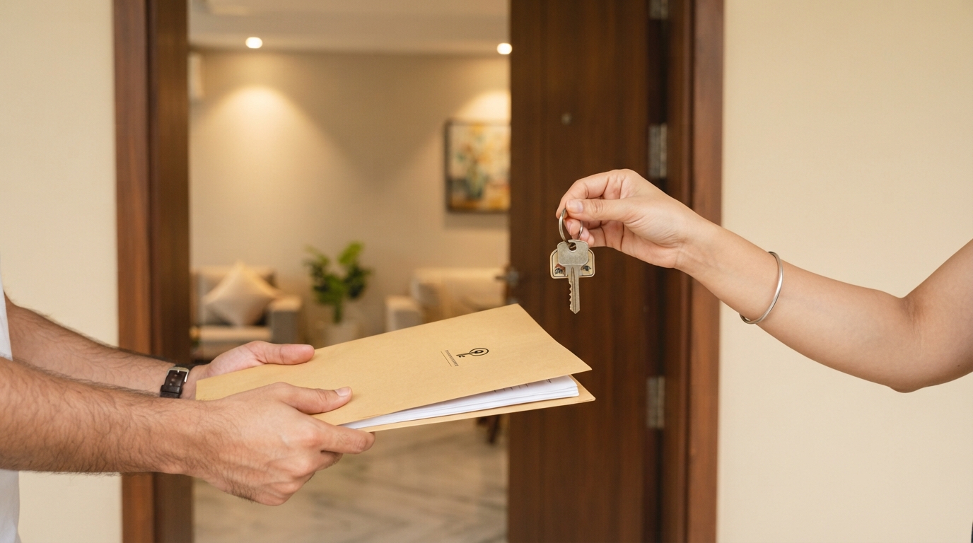Hands holding a key and property folder
