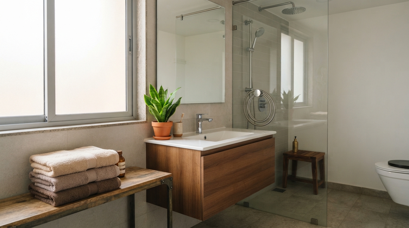 A clean modern bathroom with polished silver fittings and neutral decor