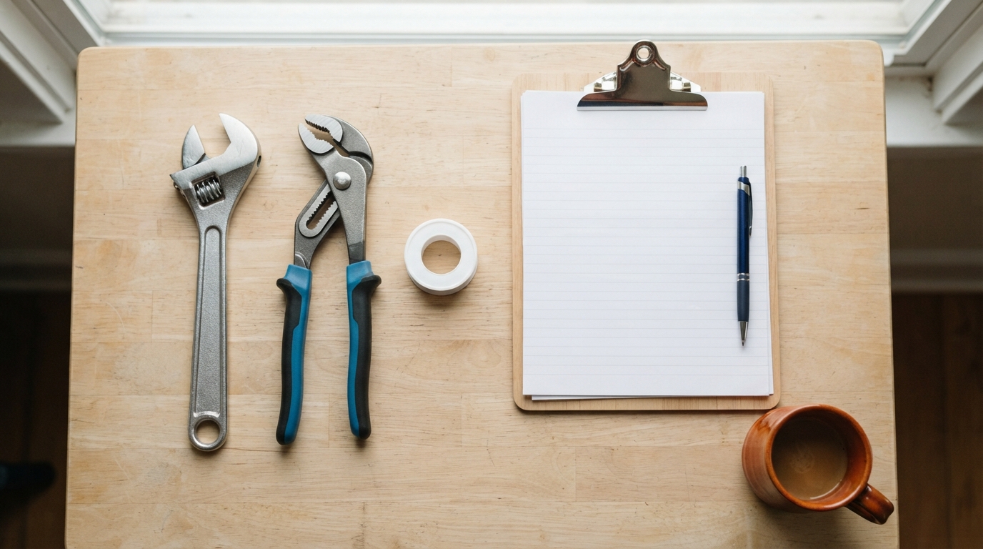 Plumbing tools and a blank maintenance checklist on a table