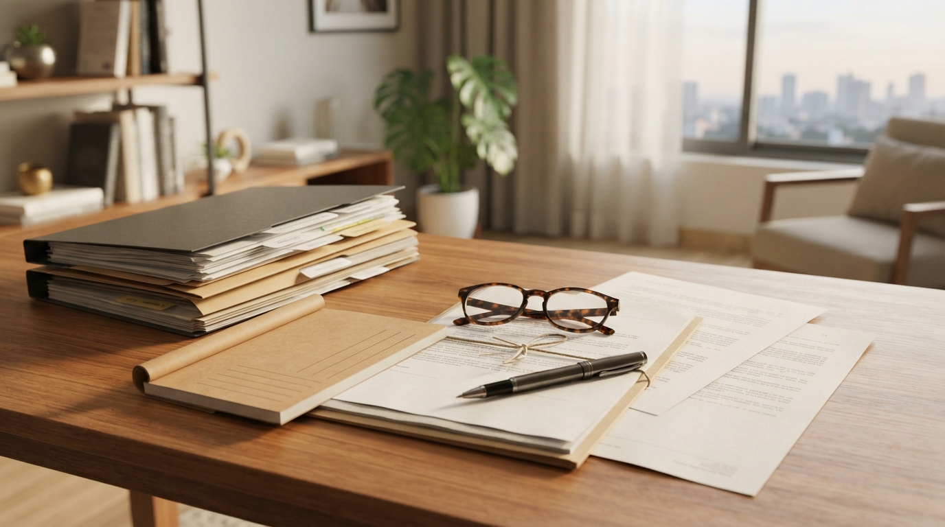 Organized rent receipts and property documents on a desk