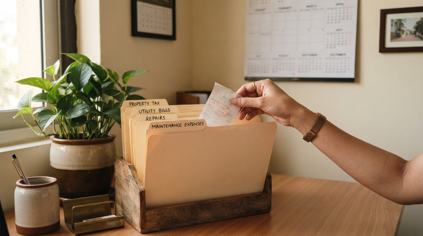 A landlord filing a rent receipt into a folder