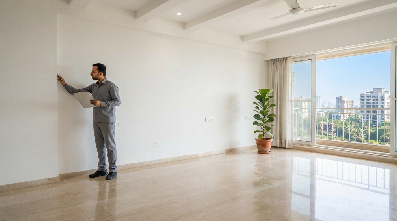 A contractor inspects the wall quality of a Mumbai flat