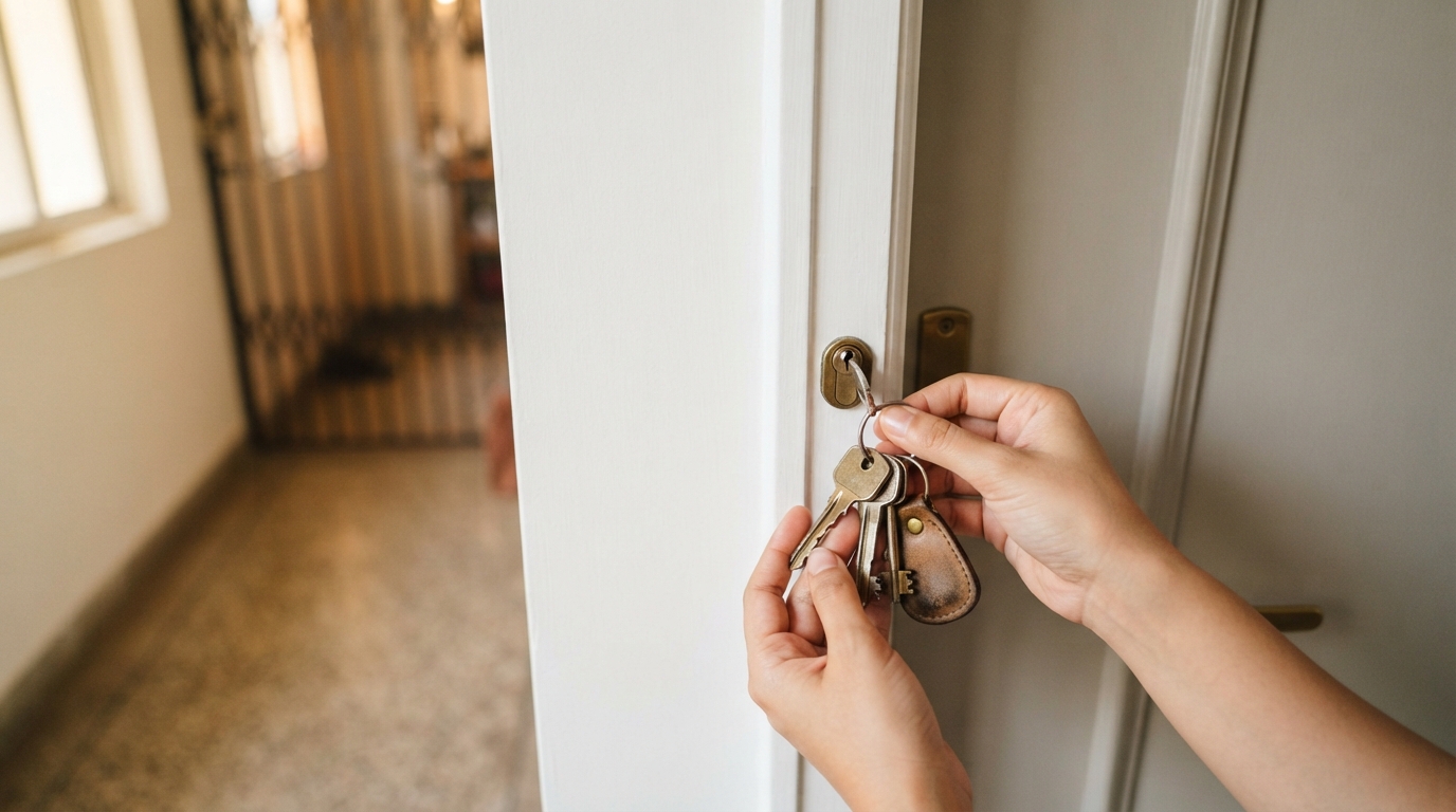 Hand holding keys against a newly painted door frame