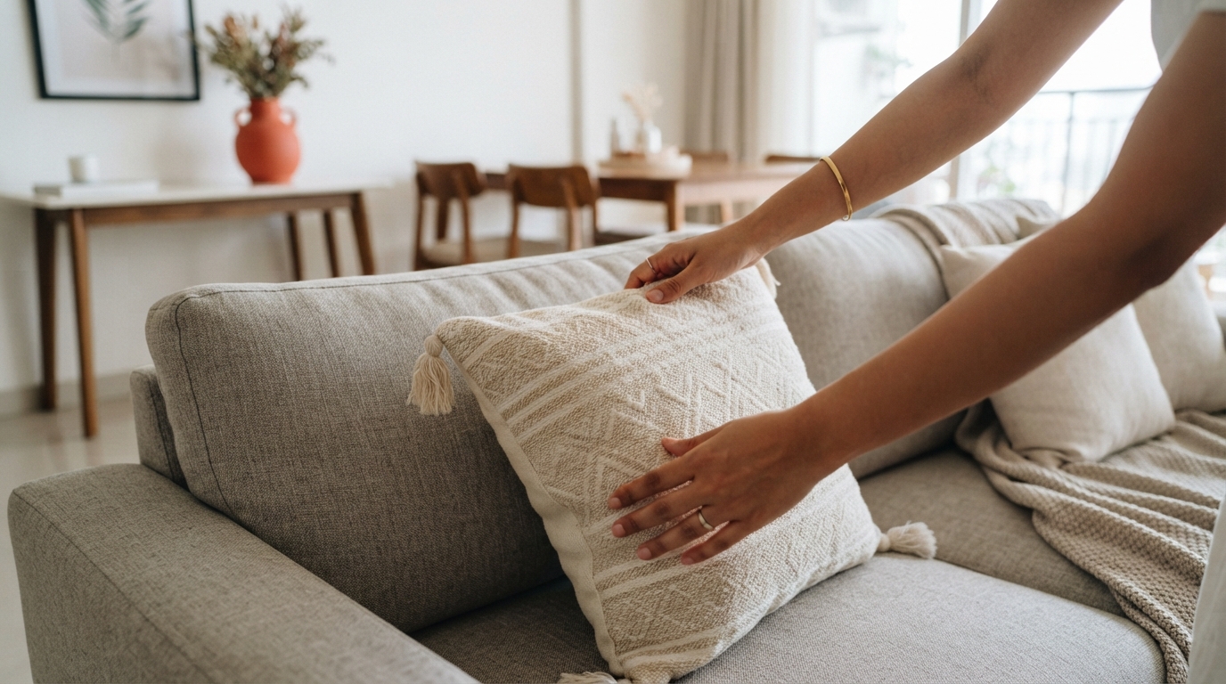 Hands staging a sofa for a rental property listing