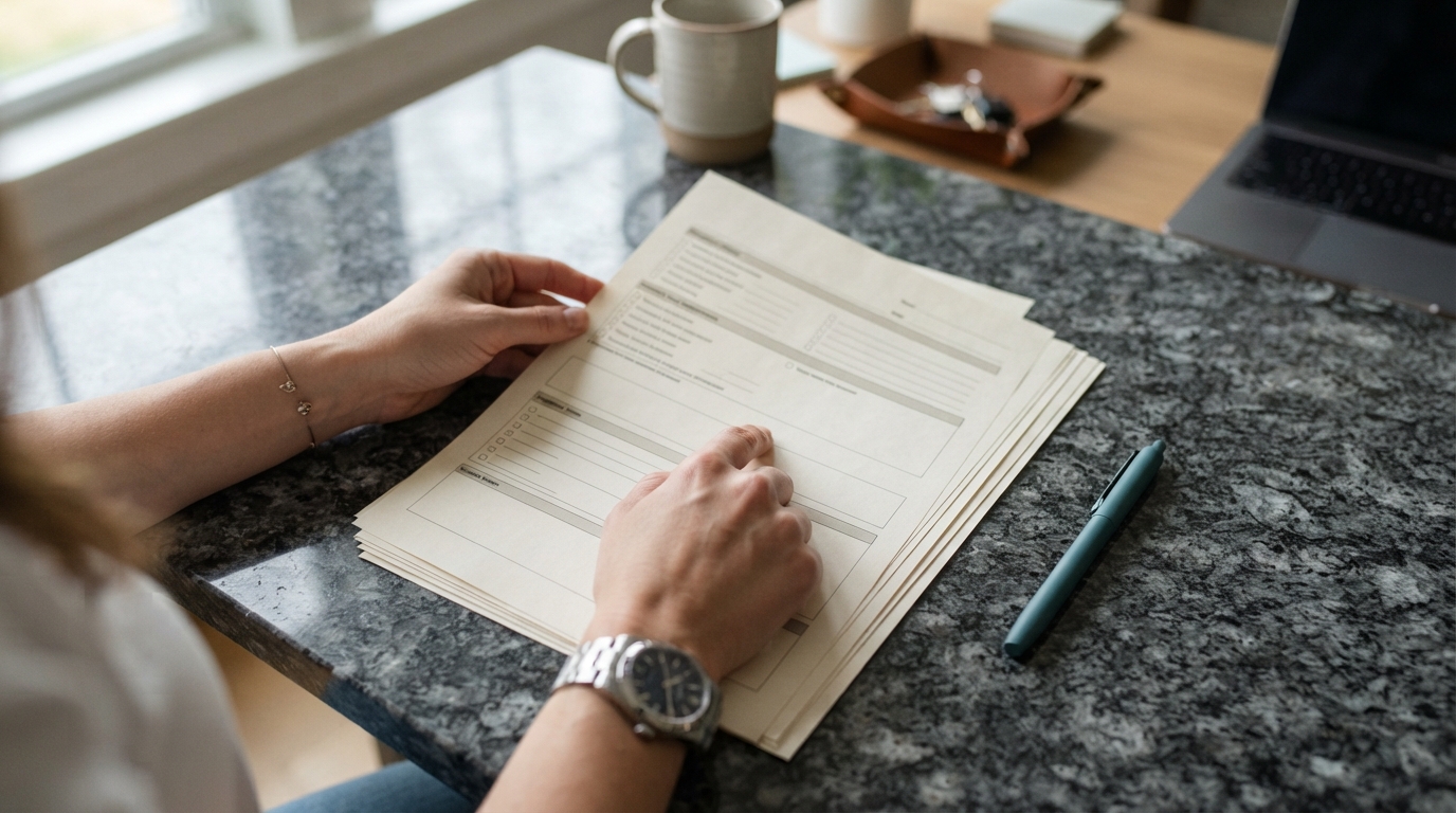 Professional hands reviewing empty property documents on a granite desk