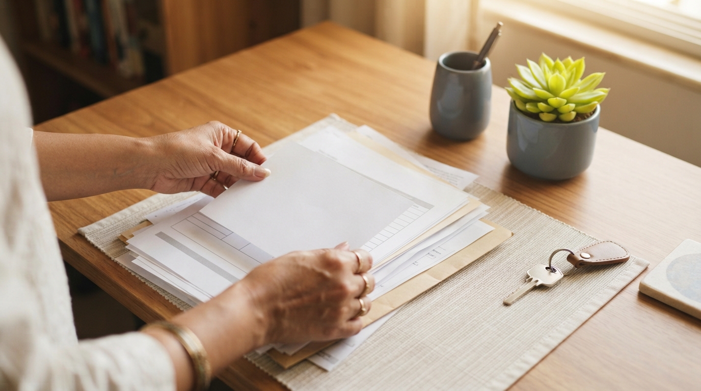 Organizing rental maintenance paperwork on a desk
