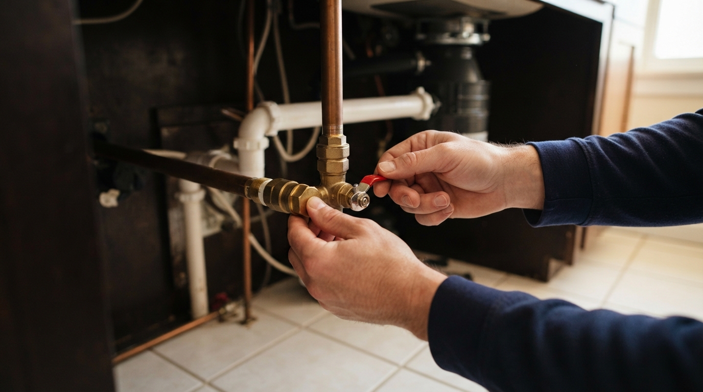 Professional hands inspecting plumbing valves under a sink
