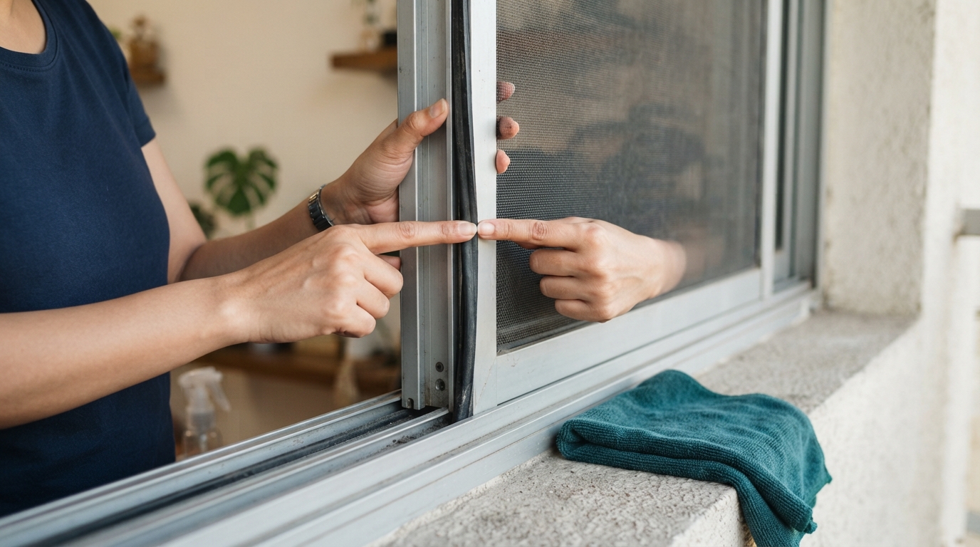 Hands inspecting a window seal and mosquito mesh in a flat